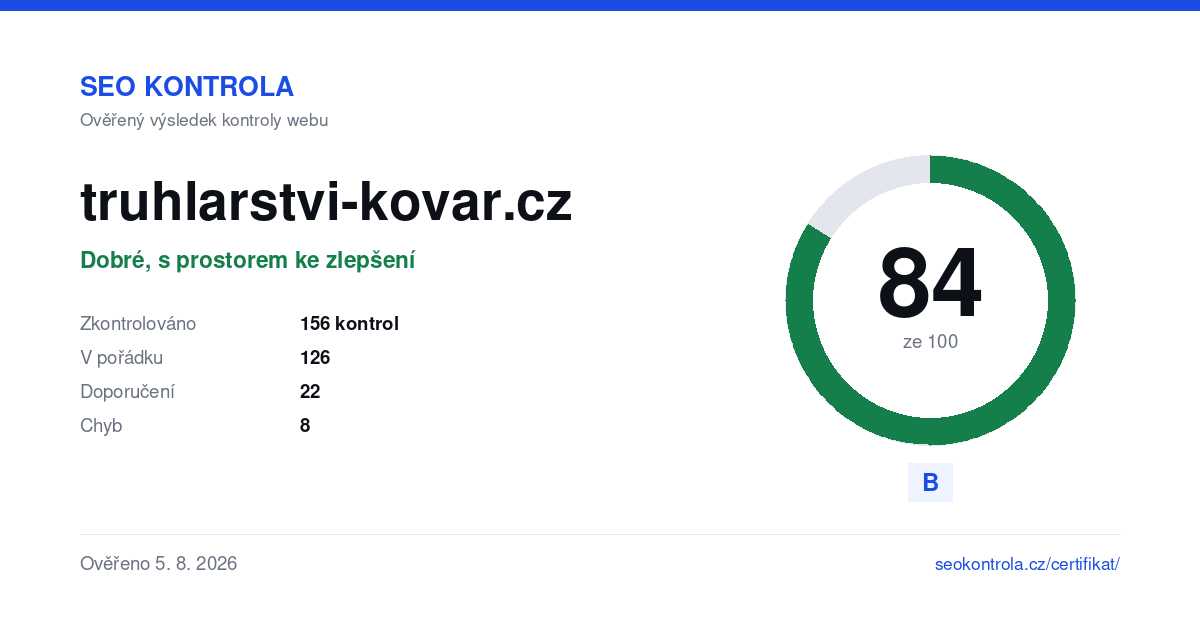 Ukázka certifikátu se skóre webu