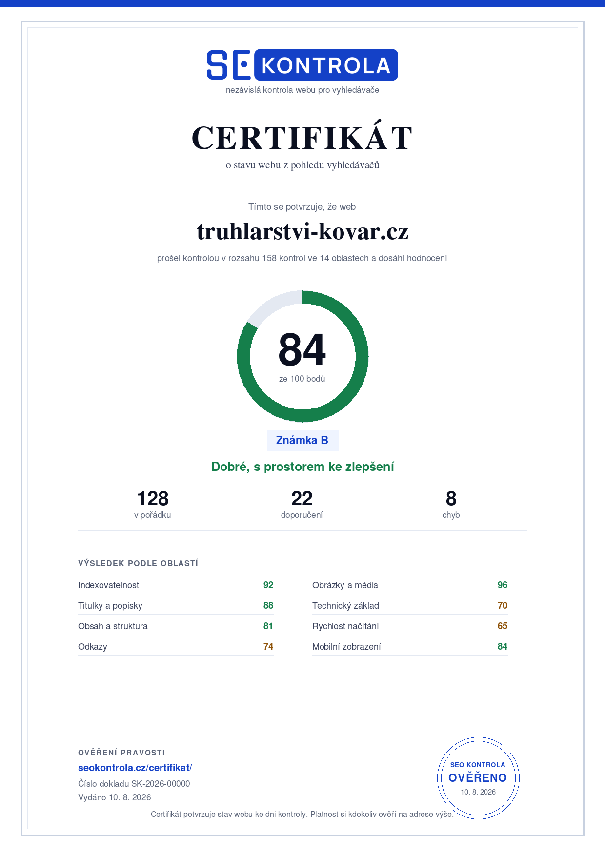 Ukázka certifikátu formátu A4 se skóre webu